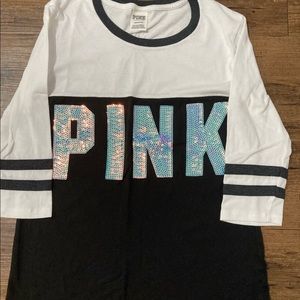 NEW💦VICTORIA'S SECRET PINK HTF MERMAID BLING LOGO COLOR BLOCK TEE L NWOTS